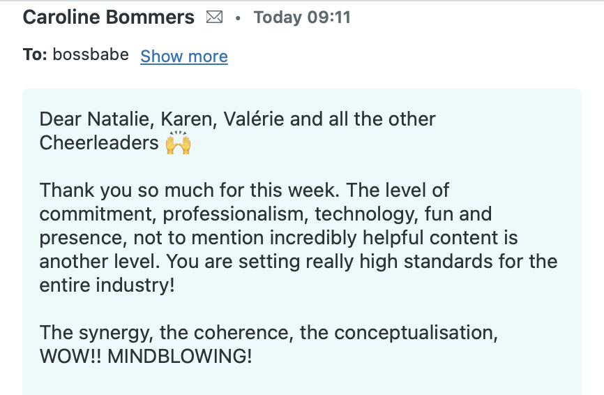 Caroline email praising the level of commitment and professionalism