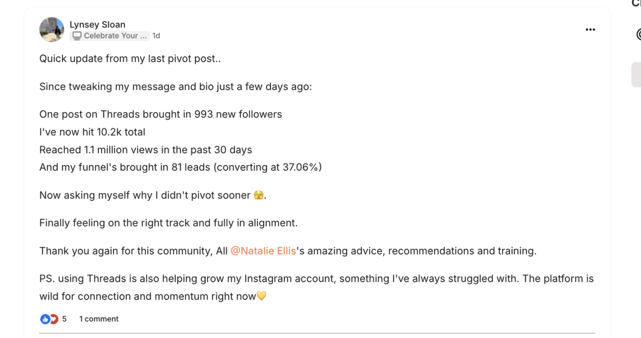 Lynsey sharing 993 new followers from one Threads post and funnel converting at 37%